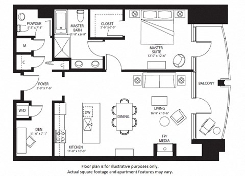 Floor plan for 1 bed, 1.5 baths, 1075 sqft